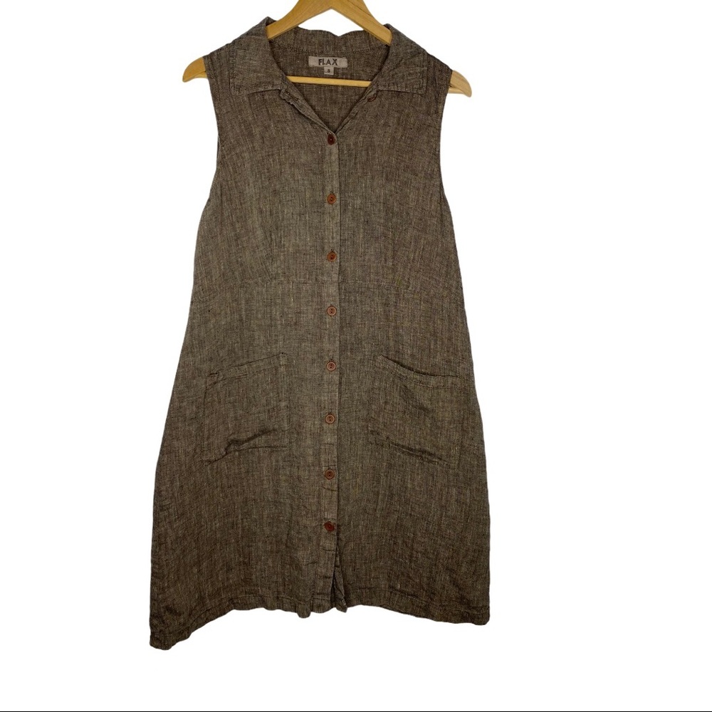 FLAX Brown Linen mini short sleeve dress
